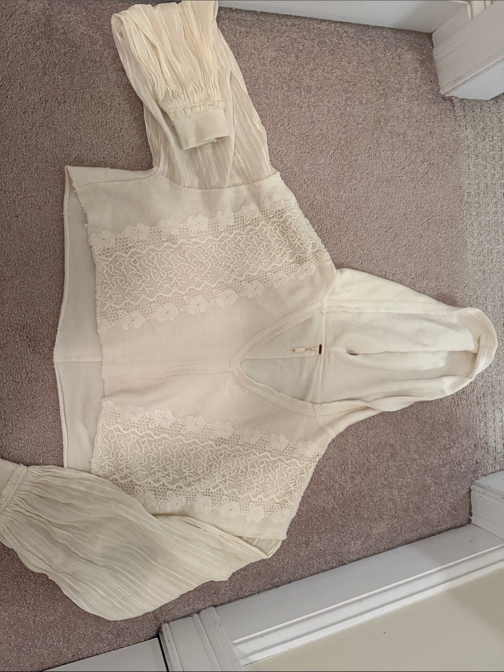 Free People Cream Lace-Panel Hooded Pullover